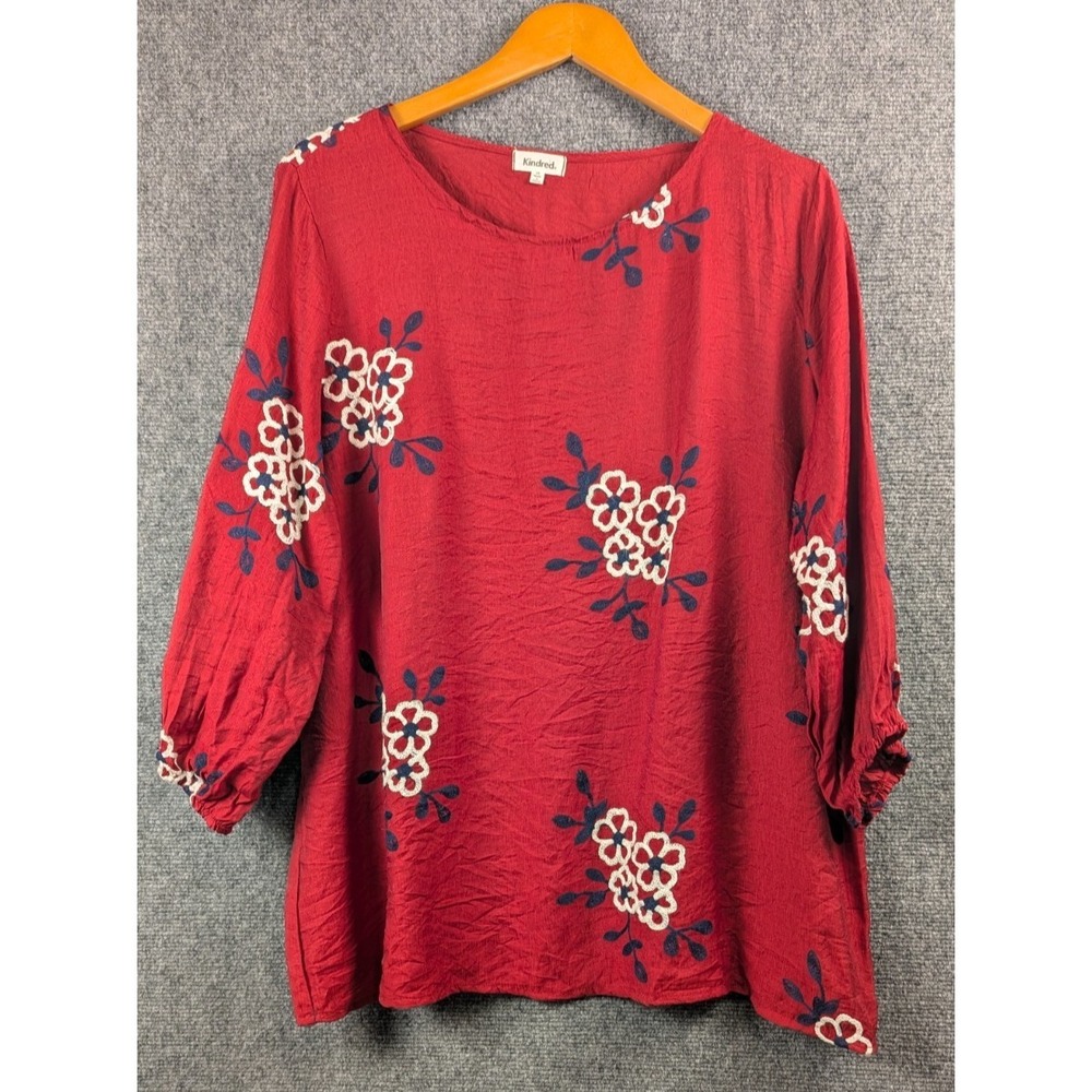 Kindred Womens 2X Red Floral Embroidered Boho Peasant Blouse 3/4 Sleeve Top